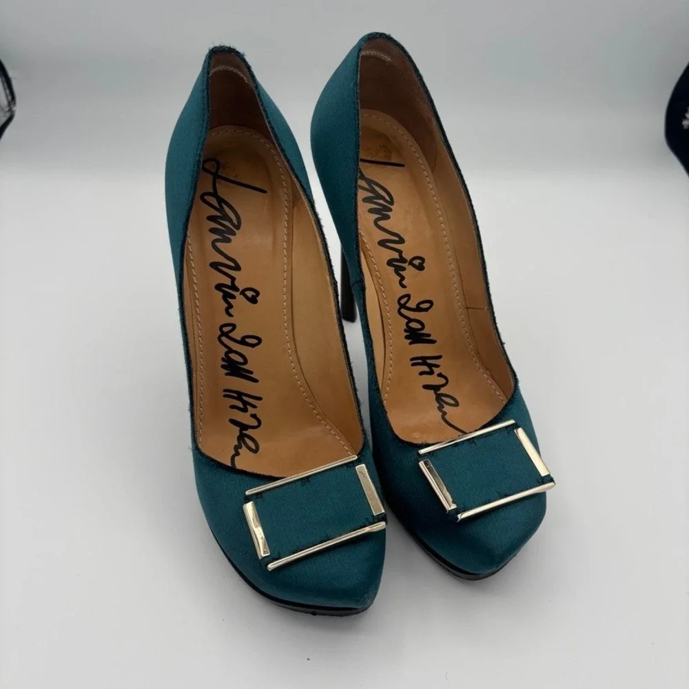 Lanvin Platform Pumps Women Sz 39 Teal Satin Buckle Stiletto Heel Luxury